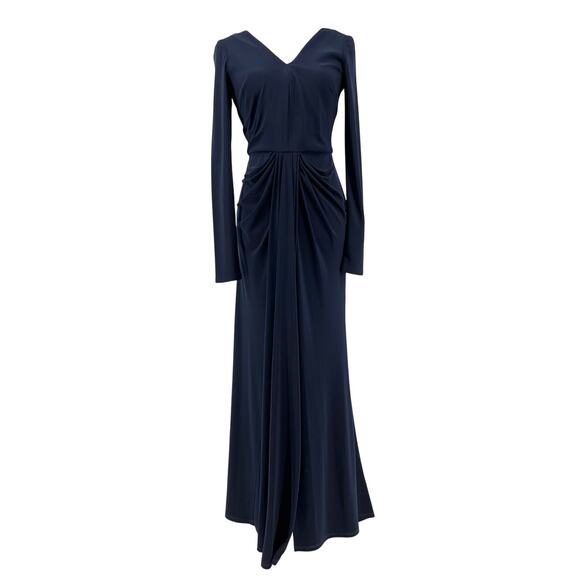 Vera Wang Navy Blue Long Sleeve V Neck Ruched Evening Gown Long Dress (4) - Picture 2 of 13